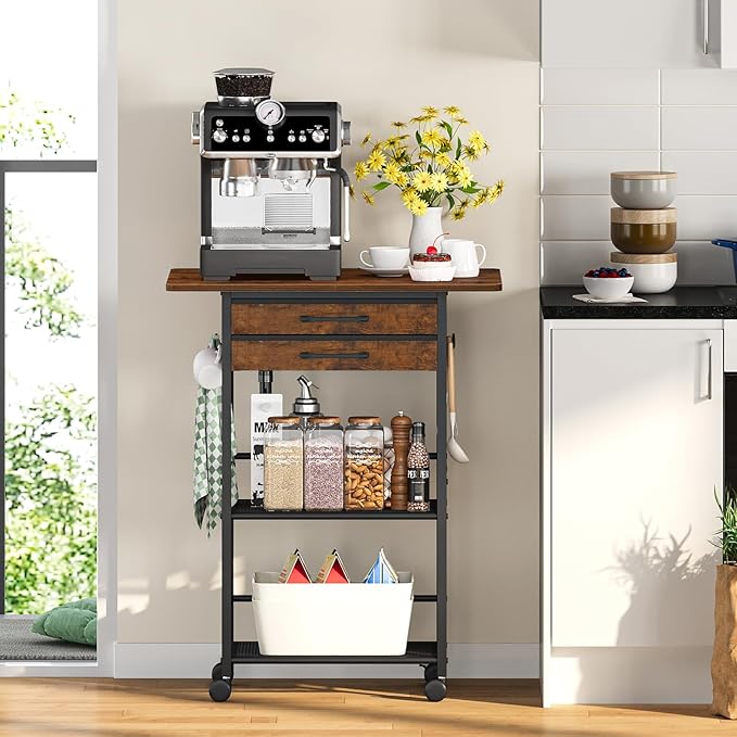 Snughome 5 Tier Rolling Coffee Cart with 2 Large Drawers & Removable Dividers, Extra-Wide Coffee Bar Cart with Storage, Farmhouse Coffee Station Cabinet for Living Room, Kitchen, Office