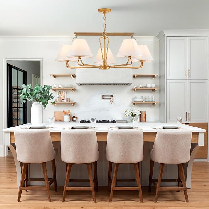 VILUXY Modern Gold Chandelier 5-Light Farmhouse Chandelier with White Fabric Shade 35’’ Large Dining Room Light Fixture Adjustable Pendant Lighting for Kitchen Island Living Room, UL Listed