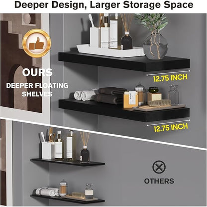 Floating Shelf, Set of 1 Wall Shelf, 24 in W x 12.75 in D x 2 in H Wooden Floating Wall Shelf with Invisible Brackets for Living Room/Bedroom/Bathroom/Kitchen Storage and Decor, Black