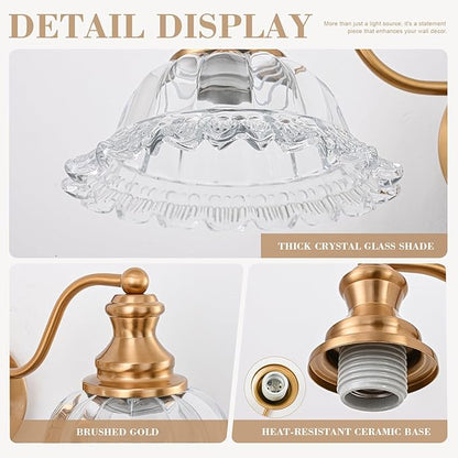 Gold Bathroom Light Fixtures Over Mirror, 2 Light Vintage Bathroom Vanity Light Fixture with Clear Flower Glass Shades, Retro Brass Vanity Lights for Bathroom, Bathroom Vanity Lights Over Mirror