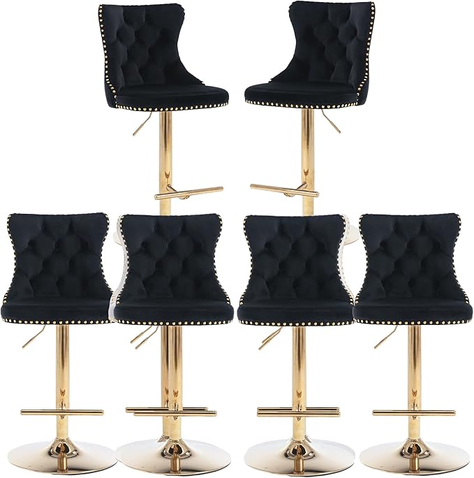 Rhomtree Velvet Swivel Bar Stools Upholstered Bar Stool with Button Tufted Back and Pull Ring Height Adjustable Barstools 25-33 Inch for Home Pub and Kitchen Island (Black with Gold Base, Set of 6)