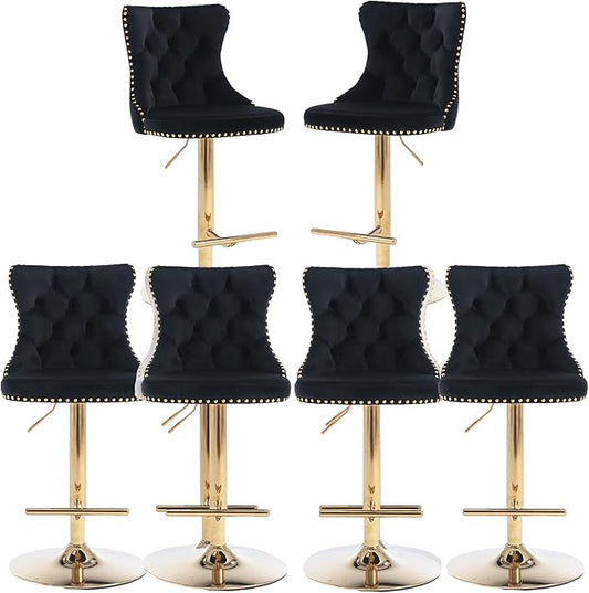 Rhomtree Velvet Swivel Bar Stools Upholstered Bar Stool with Button Tufted Back and Pull Ring Height Adjustable Barstools 25-33 Inch for Home Pub and Kitchen Island (Black with Gold Base, Set of 6)