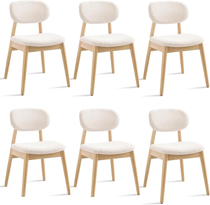 Wooden Dining Chairs Set of 6, Farmhouse Boucle Upholstered Kitchen Chairs, Step-By-Step Video Guide for Assembly, Cream White