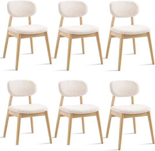 Wooden Dining Chairs Set of 6, Farmhouse Boucle Upholstered Kitchen Chairs, Step-By-Step Video Guide for Assembly, Cream White