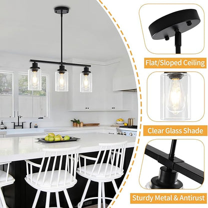 Modern Island Lights for Kitchen Black Dining Room Light Fixtures Over Table 3-Light Farmhouse Linear Chandelier Clear Glass Kitchen Lights Ceiling Adjustable Hanging Pendant Lighting Over Island