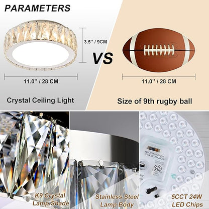 Modern 11 Inch Luxury Crystal Ceiling Light Fixture,Dimmable 3000K-6500K Adjustable LED Lighting Fixtures,Chrome 24W Round Small Chandelier for Kitchen,Bedroom,Laundry Room, Hallway