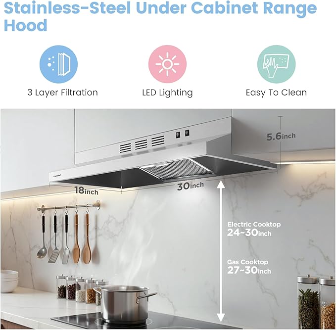 COMFEE' CVU30W2AST Range Hood 30 Inch Ducted Ductless Vent Hood Durable Stainless Steel Kitchen Hood for Under Cabinet with 2 Reusable Filter, 200 CFM, 2 Speed Exhaust Fan Silver