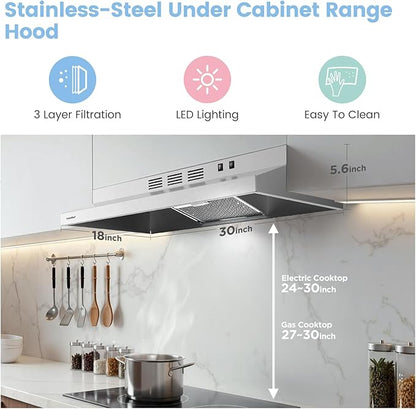 COMFEE' CVU30W2AST Range Hood 30 Inch Ducted Ductless Vent Hood Durable Stainless Steel Kitchen Hood for Under Cabinet with 2 Reusable Filter, 200 CFM, 2 Speed Exhaust Fan Silver