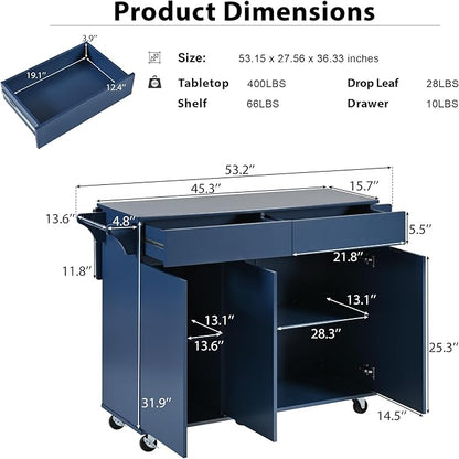 53.2'' Rolling Kitchen Island Cart with Drop Leaf and Adjustable Shelves,Spice Rack, Towel Rack and 2 Drawers,for Kitchen Living Room Dining Room (Navy Blue@u)