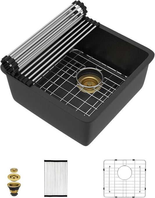 17x17 Black Undermount Bar Sink - Granite Composite Classic Quartz Single Bowl Wet Prep Sink Basin for RV, Kitchen Bar, Boat, and Outdoor #TLGU-132