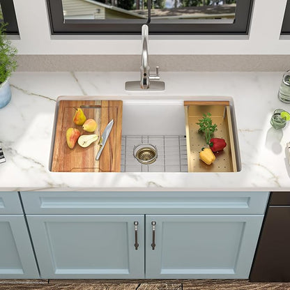 33"x19" Granite Composite Kitchen Sink - White Undermount Ledge Workstation Quartz Classic Luxury Under Counter Single Bowl Sink Basin
