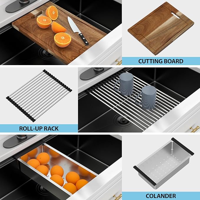 Kichae 33 Black Kitchen Sink Undermount - 33x19 Undermount Kitchen Sink Ledge Workstation 16Gauge Stainless Steel Gunmetal Black Deep Handmade Single Bowl Basin Round Corner
