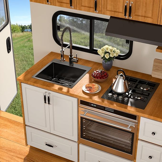 18 Inch Drop In RV Bar Sink - Beslend 18x18x9 Gunmetal Black Topmount Sink for RV Camper, Outdoor Kitchen Sink Black Stainless Steel Wet Bar with Roll-up Rack, Drain Assembly & Rinse Grid