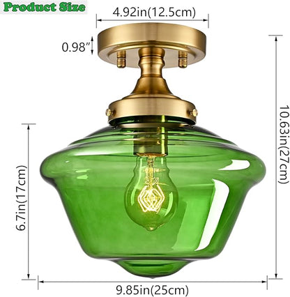 SAMTEEN Schoolhouse Light Fixtures Gold Ceiling Light 10-Inch Modern Green Glass Semi Flush Mount Ceiling Light Vintage Brass Hallway Light Fixtures for Bedroom Kitchen Entryway Living Room