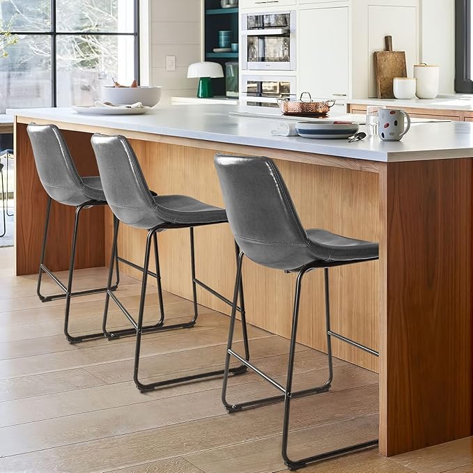 LEMBERI 26 inch Bar Stools Set of 2, Modern Counter Height Bar Stools, Faux Leather Barstool with Back and Metal Leg, Armless Bar Chairs for Kitchen Island (Grey, 2pcs 26")