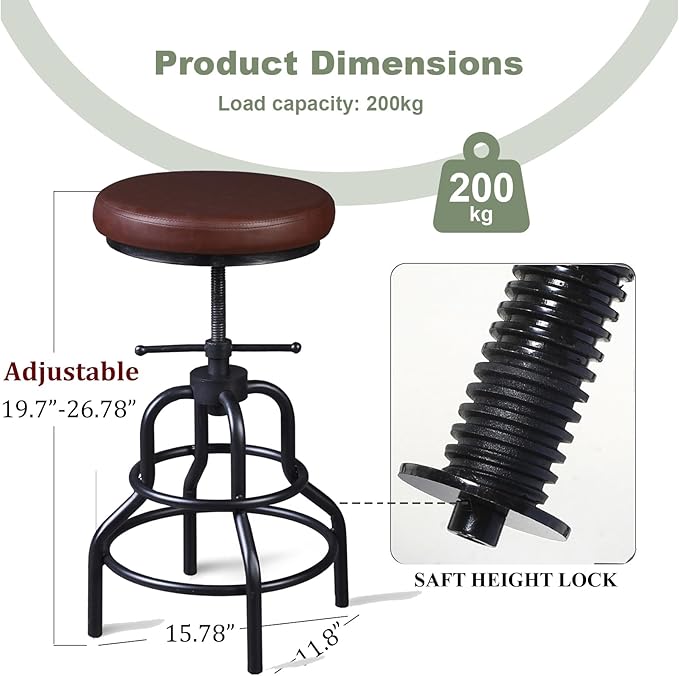 LOKKHAN Industrial Bar Stools-Swivel Leather Metal Bar Stool-20-27 Inch Tall Counter Height-Adjustable Kitchen Stool Dining Chair Cafe Stools (Set of 2)