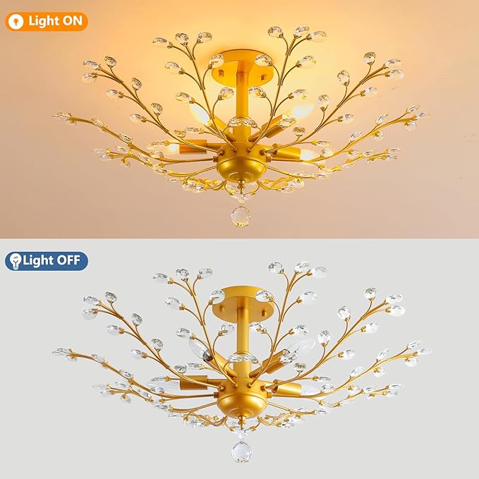 Modern 5 Light Small Crystal Chandelier 30 Inch Gold Semi Flush Mount Ceiling Light Fixture for Kitchen Dining Room Bedroom Entryway Living Room Hallway, E12