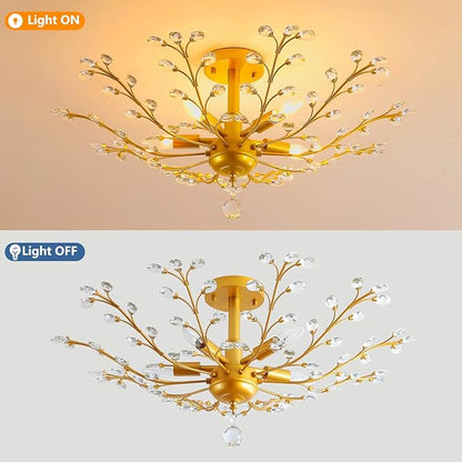 Modern 5 Light Small Crystal Chandelier 30 Inch Gold Semi Flush Mount Ceiling Light Fixture for Kitchen Dining Room Bedroom Entryway Living Room Hallway, E12