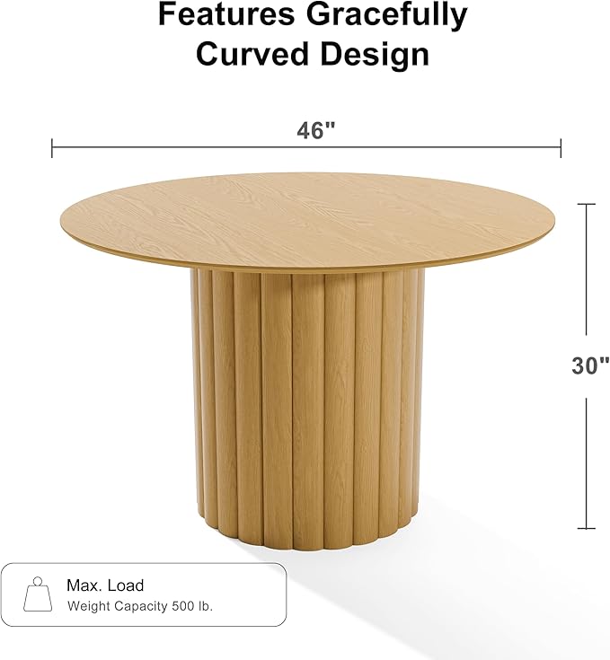 Casaphoria 46" Round Dining Table, Modern Wood Kitchen Table with Cylindrical Wide Bar Protruding Base for Living Room & Dining Room, Easy Assembly Farmhouse Furniture for 4-6, Oak