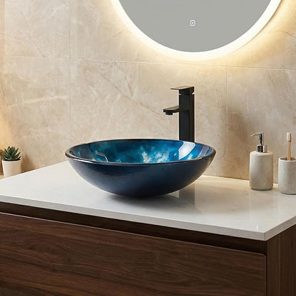 Bathroom Artistic Vessel Sink, Tempered Glass Vanity Round Bowl with Oil Rubber Bronze Faucet and Pop up drain Set, Ocean Blue