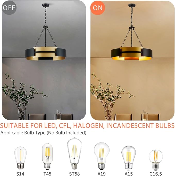 Modern Chandelier 26" Industrial Light Fixture Black and Gold 5-Light Large Drum Pendant Lighting for Dining Room Kitchen Island Office Living Room