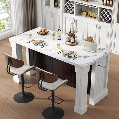 Gyfimoie 63" Large Imitation Marble Dining Table with Roman Column,36" H Island Table with Charging Station,Mordern Kitchen Island,Home Bar Unit for Home Kitchen, Living Room, Balcony, Basement