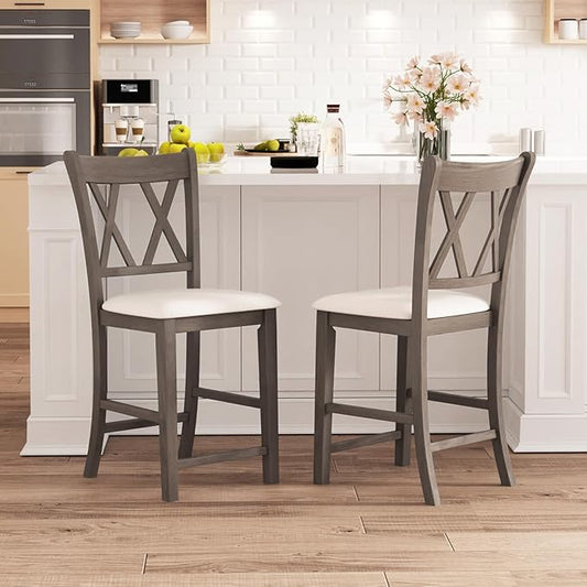 Giantex Wood Bar Stools Set of 2, 24" Counter Height Bar Stools w/Cross Back & Linen Fabric Upholstered Seat, Modern Farmhouse Wooden Barstools for Kitchen Island, Home Bar, Dining Room, Grey & White