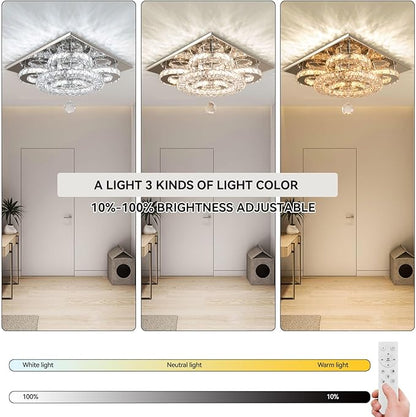 Modern 5-Ring Crystal Ceiling Light, 13.3" Dimmable LED Flush Mount Chandelier, K9 Crystal Close-to-Ceiling Lamp with Stainless Steel Base for Bedroom, Hallway, Dining Room