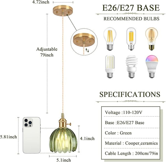 Pendant Light Fixtures,Mini Hanging Lights Green Glass Vintage Pendant Light 5.1Inch E26 Hanging Light Adjustable Hanging Light for Bedroom Living Room Hallway