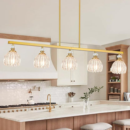 Gold Island Light for Kitchen, 5-Light Linear Chandelier for Kitchen Island with Tulip Glass Shades, Brushed Gold Finish Hanging Light Pendant Fixture Over Dining Table