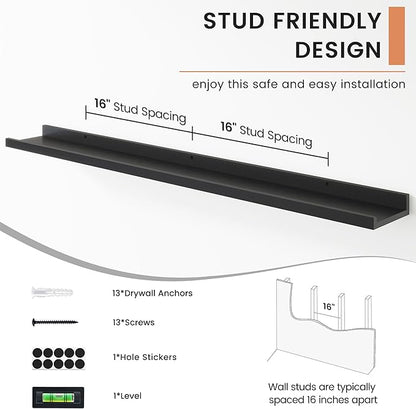 FLYJOE Floating Picture Ledge Shelves for Wall Set of 4, 48 Inch Wall Shelves with Lip Long Large Nursery Book Shelf for Toys Storage Kids Bookshelf Wall Mounted Living Room Bedroom Decor Frames