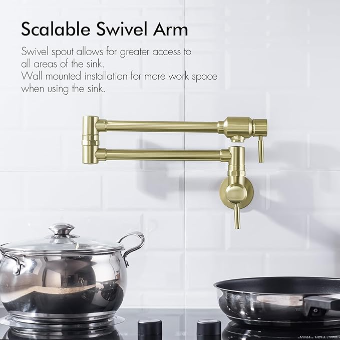BAGNOLUX Brushed Gold Pot Filler Faucet, Traditional Double Handle Coffee Machine Wall Mount with Spout Reach Double-Jointed Swivel Stove Brass Kitchen Faucet 23.4 Inch, Brushed Light Yellow Gold