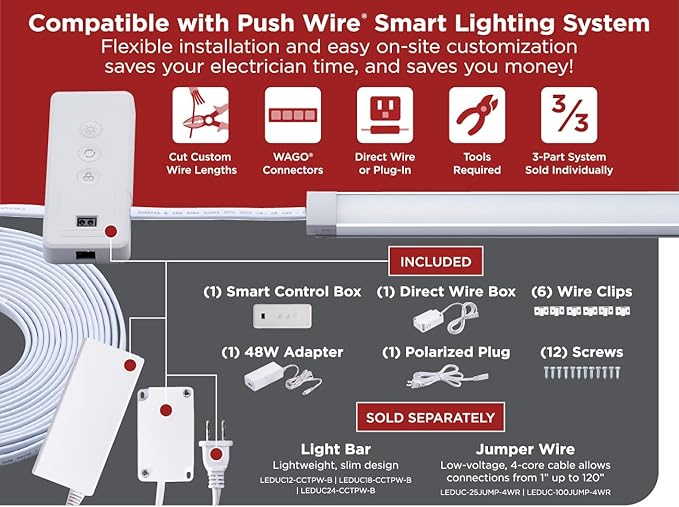 PureOptics LED Professional Push Wire Matter Certified Smart Under Cabinet Lighting 2-in-1 Power Kit, 48W Plug-in and Direct Wire, Smart Control Box, Works with Alexa, Apple Home, Google Home