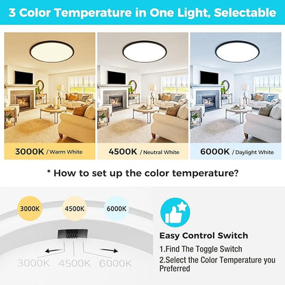 libtit 20 Inch LED Ceiling Light, 4200LM 35W Large & Bright Flush Mount Lighting Fixture, 3000K/4500K/6000K White Round Flat LED Ceiling Lamp for Bedroom Kitchen Livingroom Office (Black)