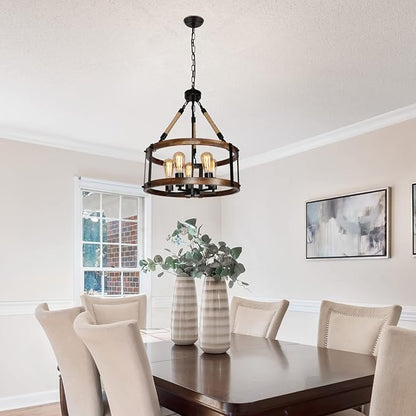 Rustic Wood Chandelier for Dining Room 5-Light, Kitchen Island Industrial Pendant Light Vintage Hanging Dining Room Farmhouse Light Fixtures