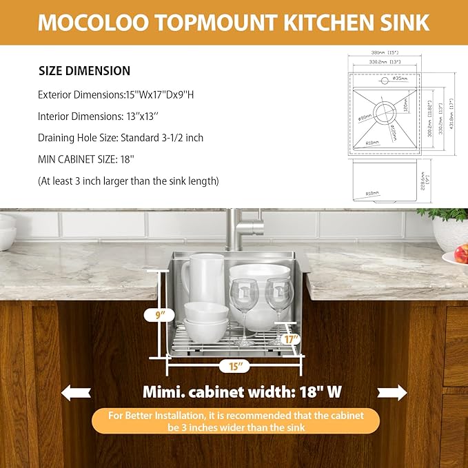Mocoloo 15 Inch Bar Sink with Faucet, 16 Gauge Drop in Workstation Sink - 15x17x9" Stainless Steel Single Bowl Small Prep Kitchen Sink with Pull-Out Faucet