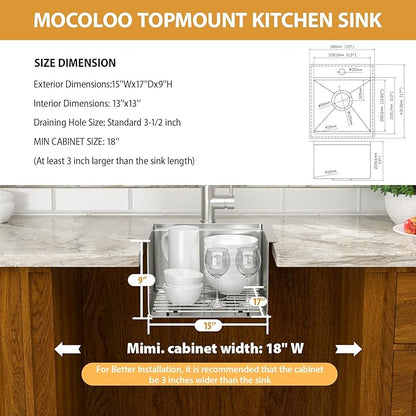 Mocoloo 15 Inch Bar Sink with Faucet, 16 Gauge Drop in Workstation Sink - 15x17x9" Stainless Steel Single Bowl Small Prep Kitchen Sink with Pull-Out Faucet