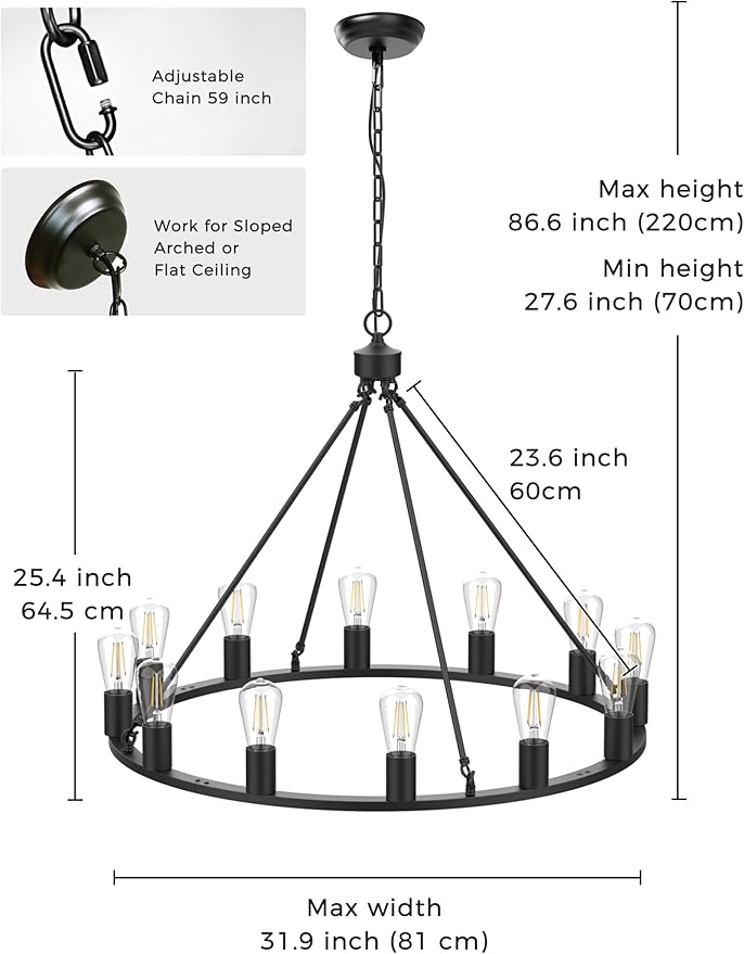 L LOHAS LED Black Farmhouse Chandeliers for Dining Room, 12-Light Wagon Wheel Chandelier Over Table, Height Adjustable, 32" Dining Room Light Fixture, Modern Chandelier for Kitchen Island Living Room
