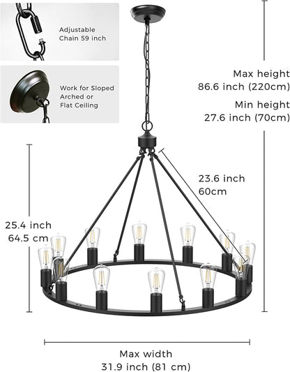 L LOHAS LED Black Farmhouse Chandeliers for Dining Room, 12-Light Wagon Wheel Chandelier Over Table, Height Adjustable, 32" Dining Room Light Fixture, Modern Chandelier for Kitchen Island Living Room