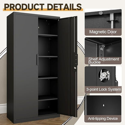 GREATMEET Metal Garage Storage Cabinets, 72" Tall Locking Cabinets with Doors and Shelves, Utility Cabinet with Lock for Garage, Home, Black