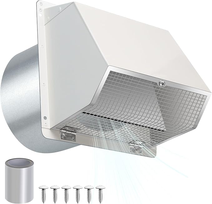 12 Inch Hooded Wall Vent with Screen and Damper, Outdoor Wall Exhaust Vent Cover Cap for Duct Dryer Range Hood Exterior Heating Cooling Ventilation and Outside Air Exhaust, Galvanized Steel, White