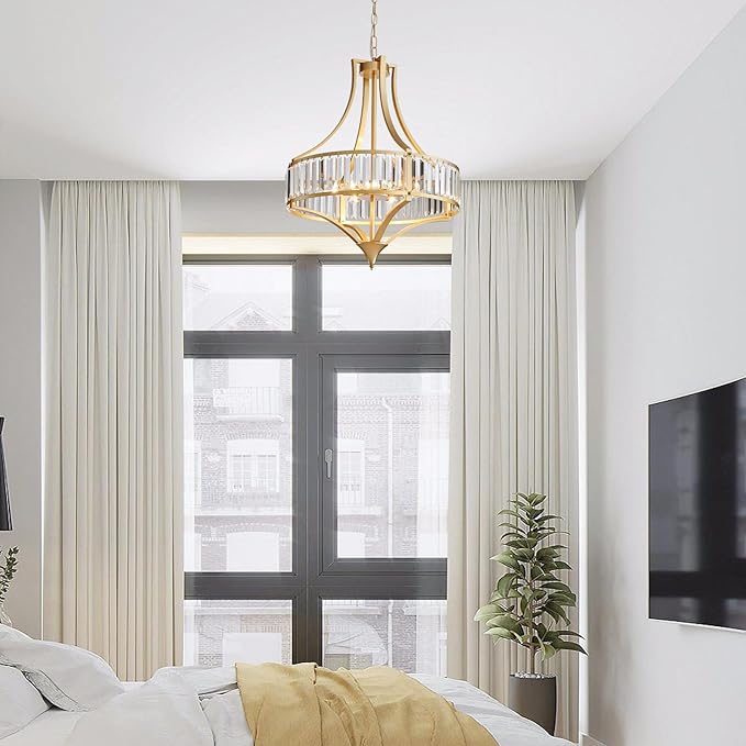 21.6" Gold Crystal Chandeliers Modern Vintage Chandelier with Round Metal Shade Art Deco 6-Light Large Dining Room Light Fixture for Kitchen, Dining Room, Hallway, Bedroom, Foyer