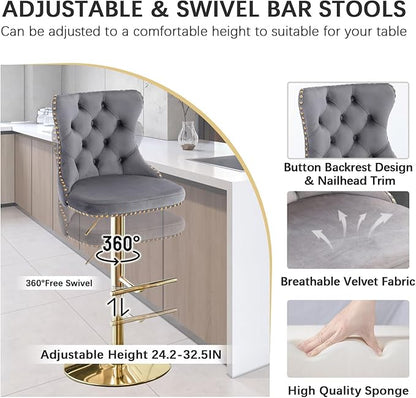 yeag 31.5'' Luxury Gold Bistro Table and Adjustable Chairs Set for 4, Small Round Glass Bar Table 4 Adjustable Velvet Swivel Bar Stools for Pub (Gold Metal Legs, Clear Top + Grey Chair)