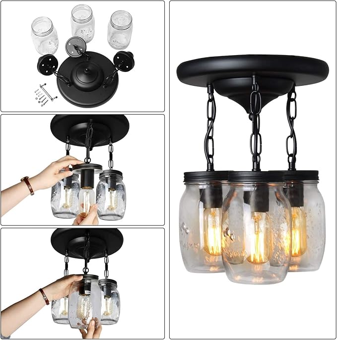 Mason Jar Light Fixtures, 3-Light Glass Mason Jar Pendant Lighting for Kitchen Island Farmhouse Close to Ceiling Kitchen Light Over Sink Barn Dining Room Chandelier Hallway Stairway