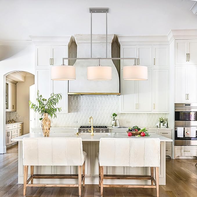 47" Linear Kitchen Island Lighting 3-Light Brushed Nickel Chandelier with White Fabric Drum Shade Adjustable Hanging Pendant Light for Dining Room Light Fixtures Over Table,Kitchen,Bar,Living Room,E26