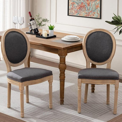 SoarFlash Linen French Dining Chairs Set of 2, Vantage Dining Chair with Round Back, Wood Leg Farmhouse Country Dining Chair for Living Room,Kitchen,Bedroom,Deep Grey