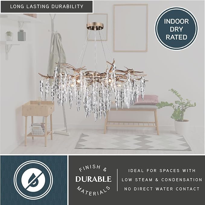VAXCEL Rainier 5 Light Silver Linear Crystal Waterfall Chandelier, Kitchen Island Pendant Fixture, Silver Mist Finish, Dimmable Ceiling Mounted Lighting