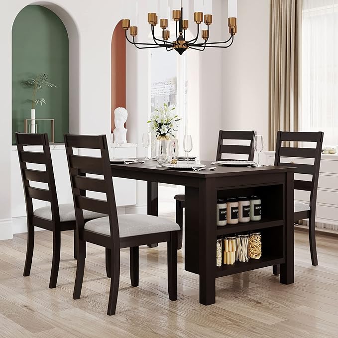 Farmhouse Wood Dining Table Set, Kitchen Table Set for 4, Kitchen Island Set with 2 Tier Storage Shelves Compact Kitchen Dining Room Set with 4 Padded Dining Chairs, for Dining Room, Kitchen