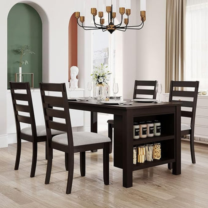 Farmhouse Wood Dining Table Set, Kitchen Table Set for 4, Kitchen Island Set with 2 Tier Storage Shelves Compact Kitchen Dining Room Set with 4 Padded Dining Chairs, for Dining Room, Kitchen