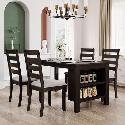 Farmhouse Wood Dining Table Set, Kitchen Table Set for 4, Kitchen Island Set with 2 Tier Storage Shelves Compact Kitchen Dining Room Set with 4 Padded Dining Chairs, for Dining Room, Kitchen